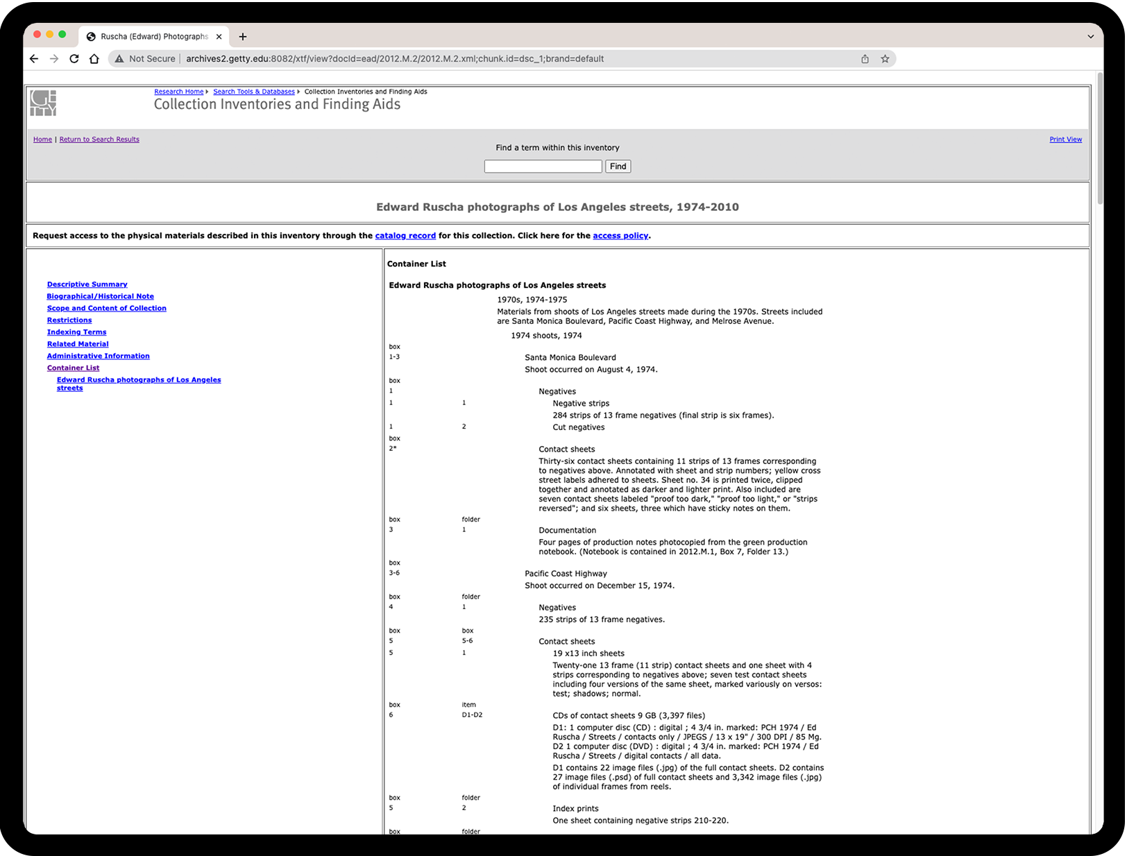 Screenshot of Getty's Collection Inventories and Finding Aids